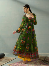 Women Green Floral Back Criss Cross Anarkali Kurta-SHKUR00449